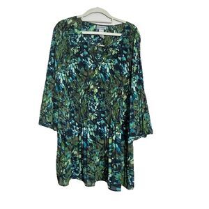 Catherines Women's Sz 0X 14/16 Blue Ikat Accordion Pleats Tunic Top Bell Sleeve